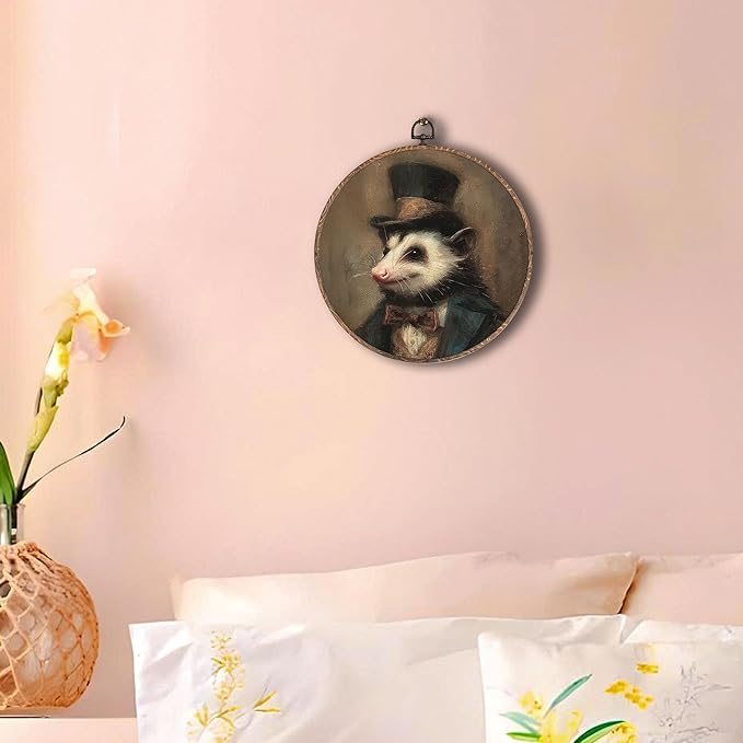 Hxlac Vintage Opossum Round Wall Art Framed, Dark Moody Opossum Round Wall Decor, Rustic Farm Animal Hanging Canvas Prints Wall Sculptures for Home Living Room Bedroom Decor, 10x10 Inch
