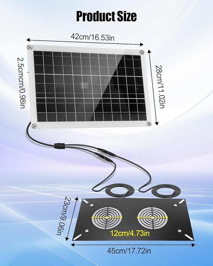20W Solar Ventilation Fan for Chicken Coops Greenhouses Sheds Pet Houses, Outdoor Dual Fan with Metal Housing, Waterproof Solar Powered Exhaust Fan, Plug and Play