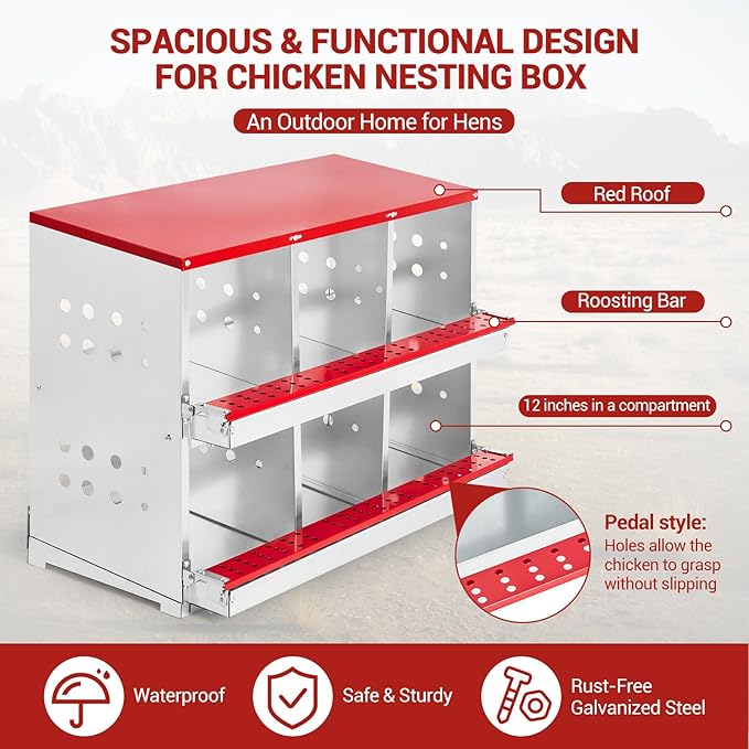 Heavy Duty Metal Chicken Nesting Box – 6 Compartments, Roll-Out Egg Collection, Pull-Out Tray, Swing Perch, Wall Mount, Easy Clean, for Hens & Ducks, Indoor/Outdoor, with Cover-Red, 96×48×71cm
