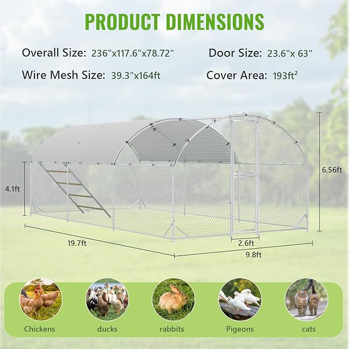 Large Metal Chicken Coop, 10x20x6.5FT Chicken Runs for Yard with Cover and Roosting Perch, Split Doors Walk in Chicken Coop