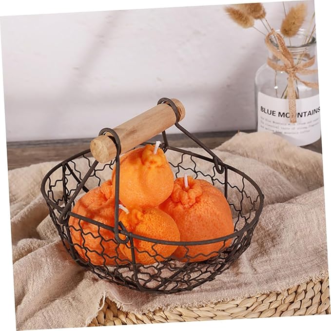 2pcs Vintage Rustic Iron Fruit Basket with Wooden Handles, Gray-black Metal Storage Basket for Kitchen, Egg Collecting and Snack Organization, Farmhouse Style Household Container