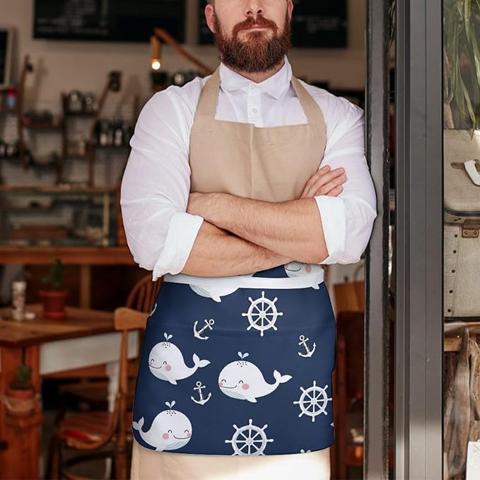 Server Waist Aprons Waitress Unisex Chef Works Half Apron with 3 Pockets