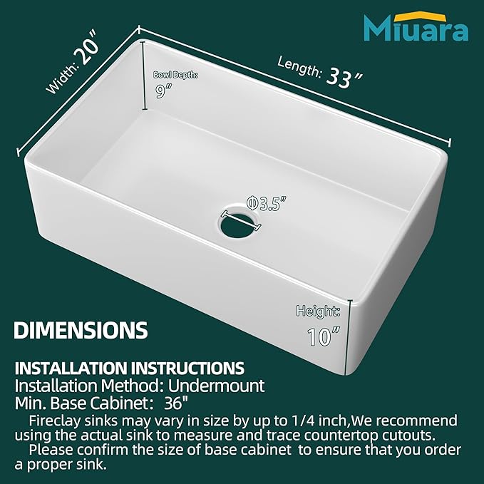 Miuara Farmhouse Sink 33 Inch - White Apron Front Kitchen Sink Reversible 33"x20"x10", Undermount, Farm House Style Large Deep Single Bowl, Heavy Duty Solid Fireclay, Glossy White, for Kitchen