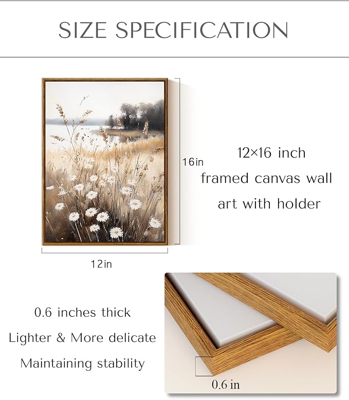 InSimSea Framed Canvas Wall Art for Living Room Landscape Wall Decor Meadow with Flowers Vintage Paintings Classical Wildflower Field Scene Boho Floral Pictures Decor for Bathroom Bedroom 12x16in