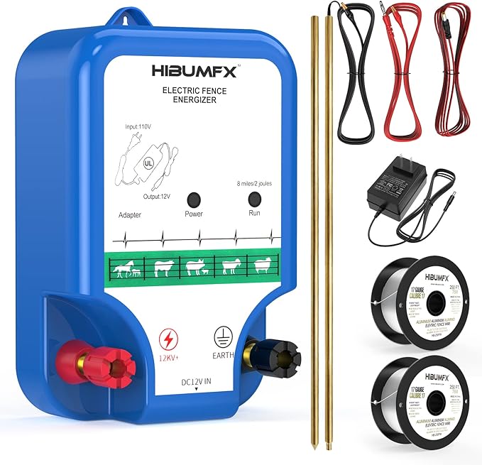 P4 Plus Electric Fence Energizer Plus Copper Ground Rod and Spool Aluminum Wire for Containing Dogs, Livestock and Preventing Wild Animals Intruding (P4 Plus Electric Fence Energizer Kit)