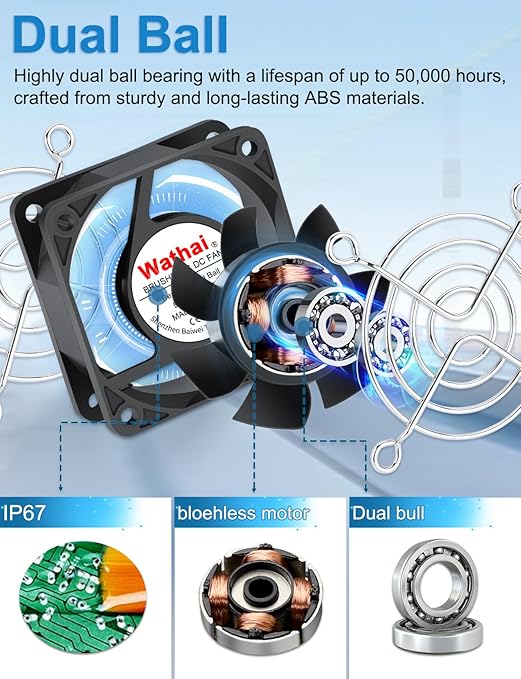 Wathai IP67 60mm x 25mm DC 12V Waterproof Small Fan Dual Ball High Speed DIY Cooling for RV Refrigerator, Computer Case, Generator, Terrarium, Solar Panel Battery Box 2 Pack