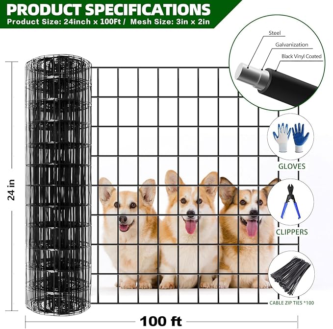 Welded Wire Fence, 100ft(L) x 24inch(H) Garden Fence for Dog, 2 Inch x 3 Inch 16GA Fencing for Chicken, PVC Coated Anti-Rust Roll Metal Wire Mesh Fence for Yard Vegetable, Black