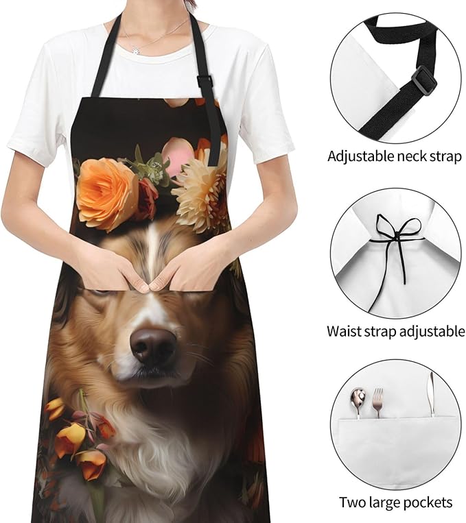 Dogs and Roses Heavy Duty Waterproof Apron with Pockets for AdultsResistant Grilling, Gardening, Painting
