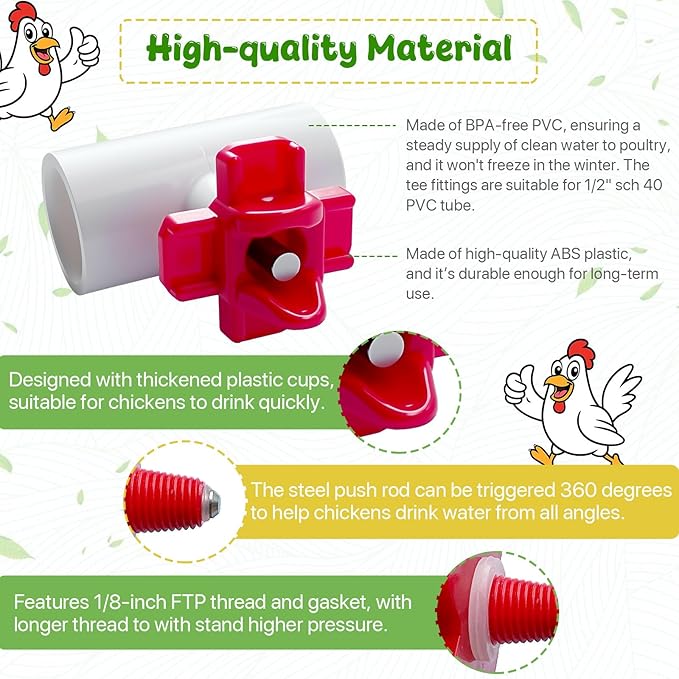 10 Pack Horizontal Side Mount Chicken Waterer Nipples, DIY Automatic Poultry Nipples, Non-Leak Chicken Waterer Drinker Kits with 1/2" PVC Tee Fittings, Organized&Clean Chicken Watering System