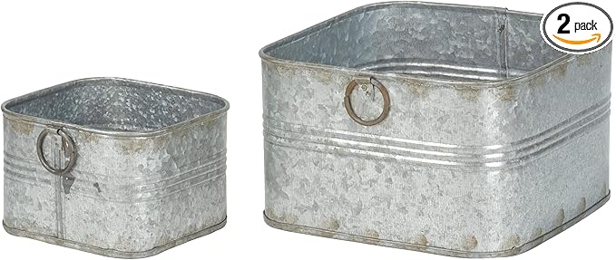 Red Co. 6.5" and 4.5" Square Tub Galvanized Metal Bucket Containers Set of 2, Rusted Gray