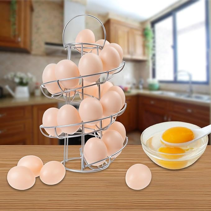 Egg Skelter Deluxe Modern Spiraling Dispenser Rack - Chrome Plated Freestanding Wire Chicken Egg Storage Organizer Display Holder Basket for Countertop Kitchen, Silver