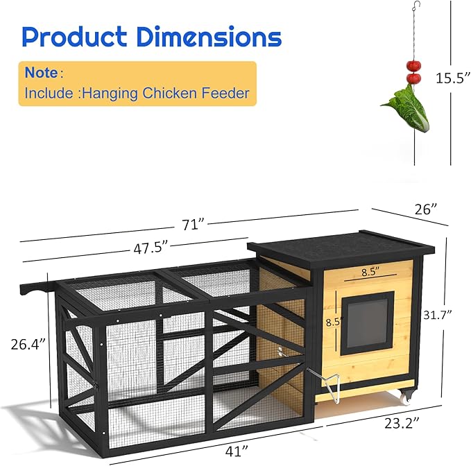 71'' Chicken Coop, Chicken House for Outside, Outdoor Duck Coop, Wooden Mobile Chicken Coops with Run & Waterproof Asphalt Roof, Wheels, Removable Tray and Hanging Chicken Feeder