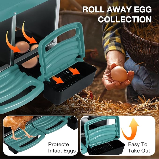 Chicken Nesting Boxes, 3 Compartments Egg Collection with Removable Drawer, Chicken Metal Laying Nest Box for Hens, Easy to Assemble, for Chicken Coop, Green