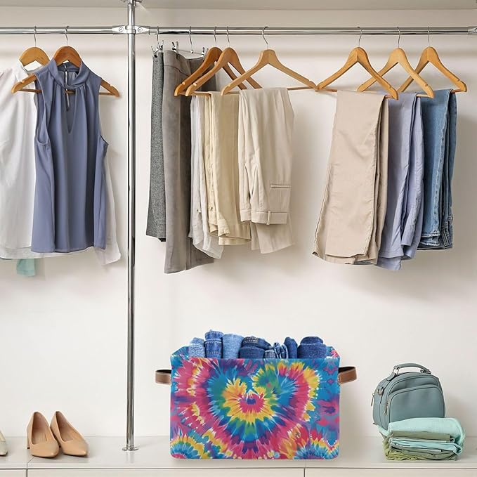 JIPONI Tie Dye Heart Fabric Storage Bins for Shelves, Decorative Storage baskets for organizing, Closet Organizer with Handle for Cloth, Toys, Bedrooms, Farmhouse