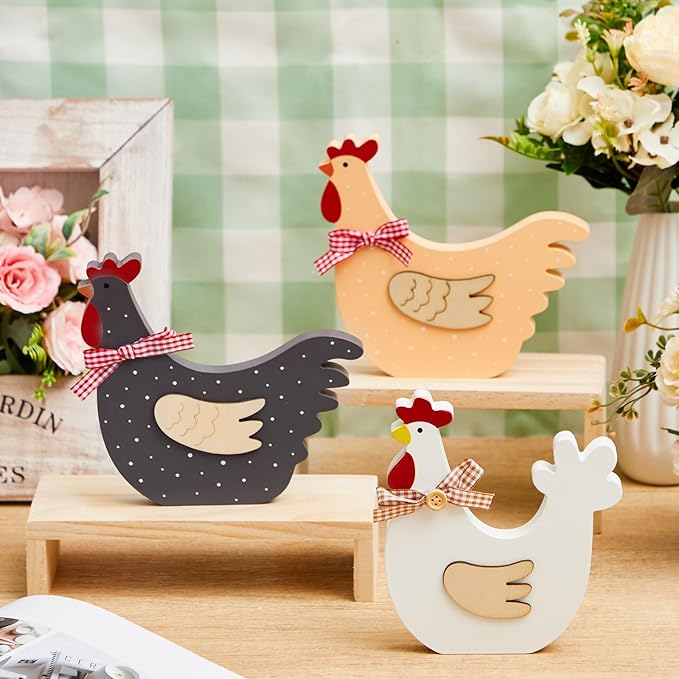 3 Pcs Chicken Wood Table Sign, Chick Is One Decorations Centerpieces Rooster Wooden Decor for Animal Theme 1st Birthday Party Farm Tiered Tray Decor Baby Shower Home Office