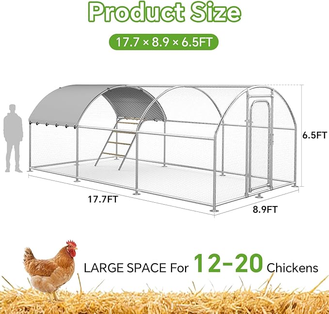 Chicken Coop with Roosting Perch, Large Metal Chicken Run Poultry Cage with Water-Resident and Anti-UV Cover for Duck Rabbit House Walk-in Chicken Pen for Yard, Dome Roof(10’ W x 19.7’ L x 6.4’ H)