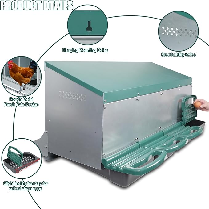 Chicken Nesting Box, 4 Holes Nesting Boxes, Heavy Duty Metal Laying Boxes, Roll Away Nesting Box Egg Collection Tray, with Roosting Pole for Chicken Coop(Green)