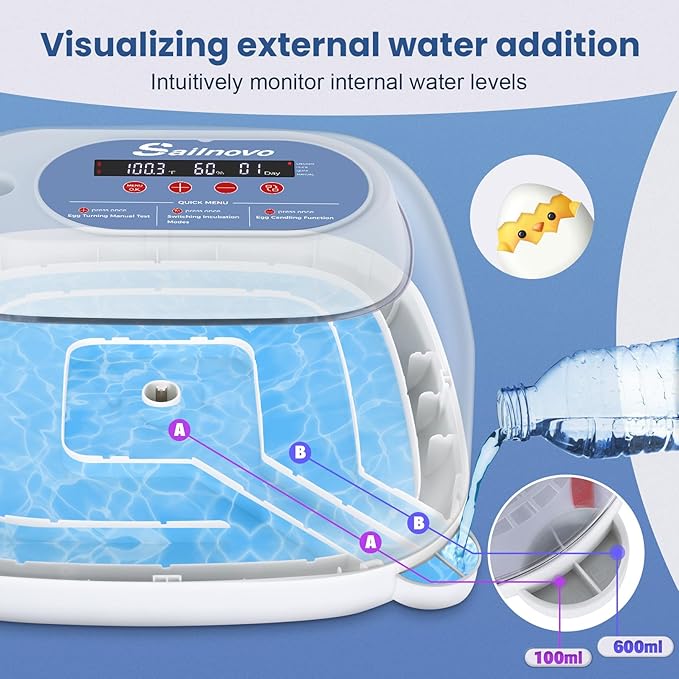 Sailnovo 24 Egg Incubators for Hatching Eggs, 4 Modes Egg Incubator with Automatic Egg Turning and Humidity Display, Egg Candler - 360° View with Clear Window Incubators for Hatching Chicks, Blue