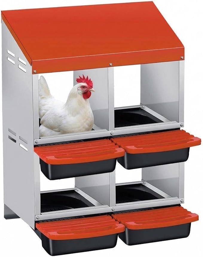Chicken Nesting Boxes with Rollout Egg Collection – 4-Compartment Metal Hen Nest Box with Removable Trays, Slanted Roof & Ventilation, Wall Mount or Standing for Backyard Poultry Coop, Orange
