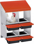 Chicken Nesting Boxes with Rollout Egg Collection – 4-Compartment Metal Hen Nest Box with Removable Trays, Slanted Roof & Ventilation, Wall Mount or Standing for Backyard Poultry Coop, Orange