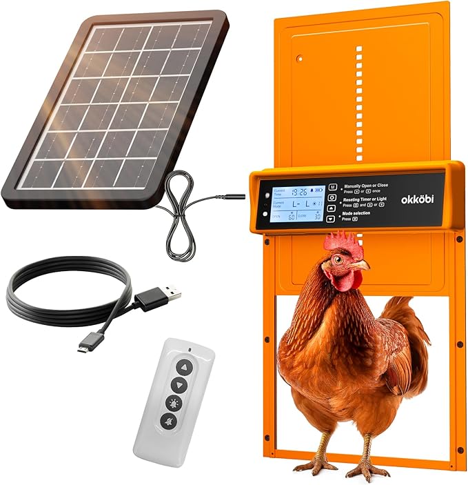 Okkobi Automatic Chicken Coop Door Solar Powered - LCD Display - Chicken Coop Door with Remote Control, Light Sensor & Timer - Anti-Pinch Function - 5-Year Protection - Autumn Ember