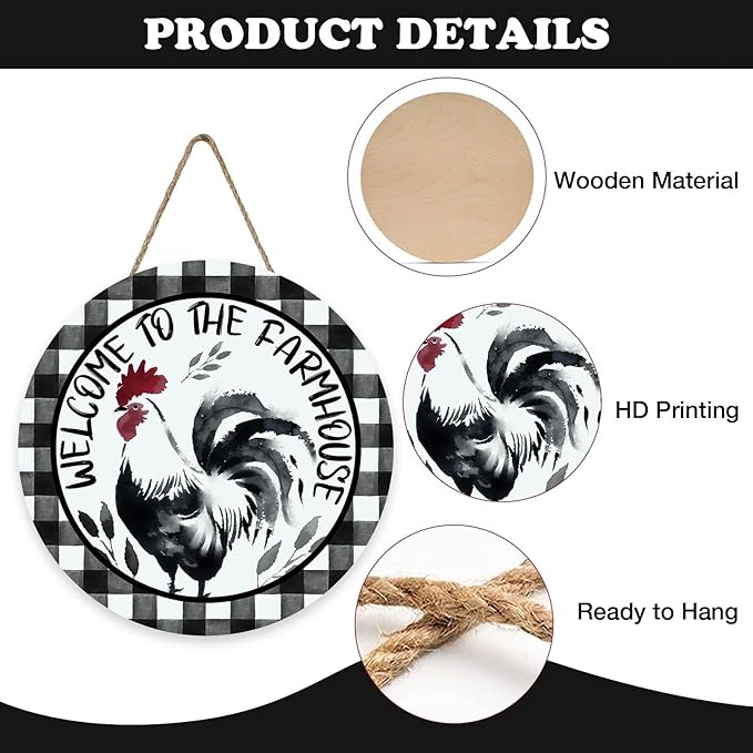 Welcome to The Farmhouse Rooster Front Door Sign, Watercolor Farm Chicken Buffalo Plaid Wood Hanger Outdoor Porch Home Decor, Rustic Country Wooden Wreath Indoor Wall Hanging Decoration