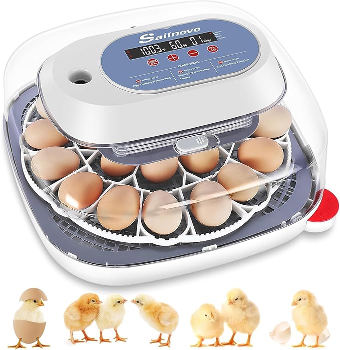Sailnovo 24 Egg Incubators for Hatching Eggs, 4 Modes Egg Incubator with Automatic Egg Turning and Humidity Display, Egg Candler - 360° View with Clear Window Incubators for Hatching Chicks, Blue