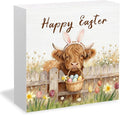 Happy Easter Highland Cow Wooden Box Sign Desk Decor, Spring Wildflower Easter Egg Farm Highland Cow Wood Signs for Home Office Desk Table Shelf Decorations, 5x5 Inch