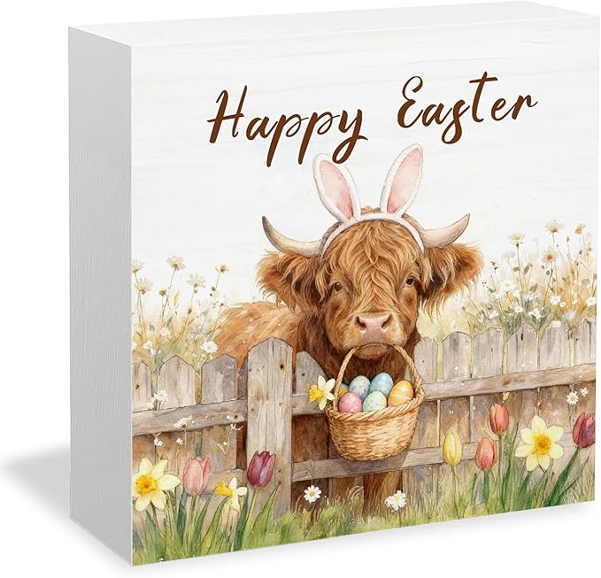 Happy Easter Highland Cow Wooden Box Sign Desk Decor, Spring Wildflower Easter Egg Farm Highland Cow Wood Signs for Home Office Desk Table Shelf Decorations, 5x5 Inch