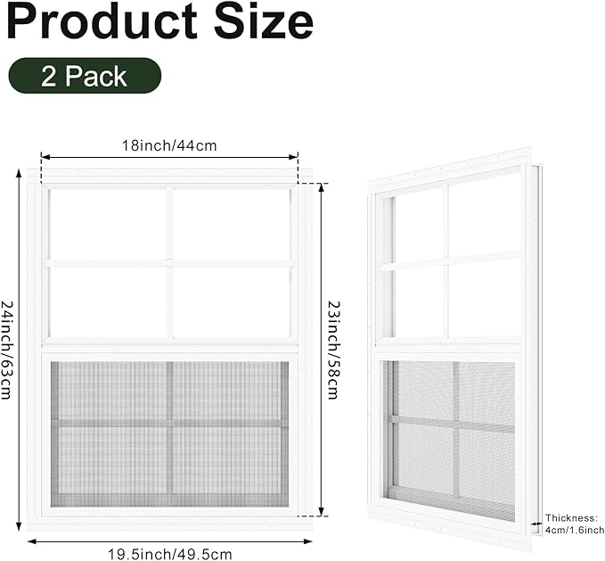 2 Pack Shed Windows 18" x 23" Flush Mount Window with Tempered Glass,House Small Windows,Household Sliding Windows for Chicken Coop, Playhouse, Household, Garage