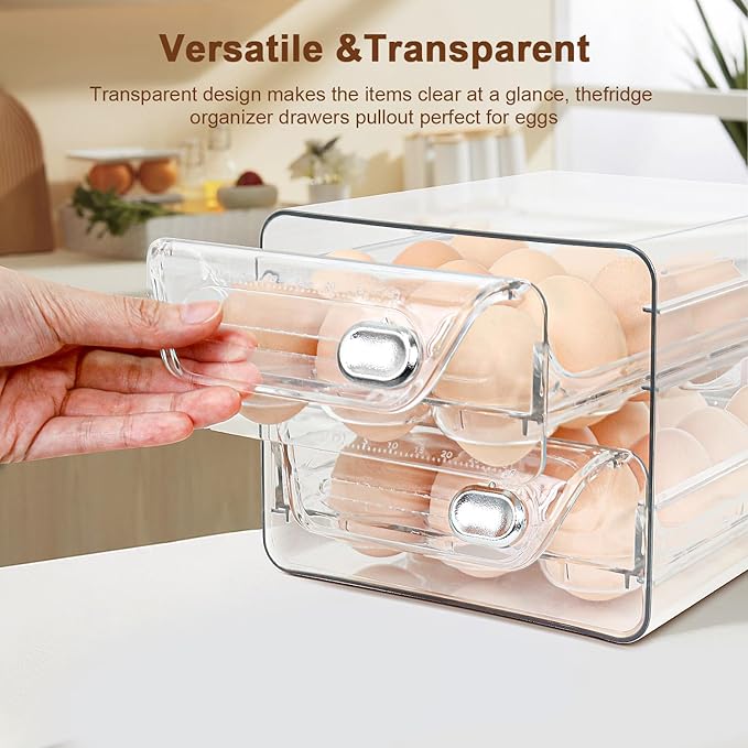 Egg Holder for Fridge 24, 2 Layers Stackable Clear Eggs Organizer, Egg Container for Refrigerator with Eggs 24 Count, Space-Saving Refrigerator Organizers and Storage in Home, Kitchen