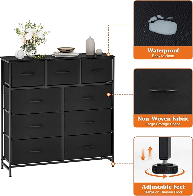 WelFurGeer 9-Drawer Dressers with Sturdy Metal Frame - Tall Chest Organizer Unit with Fabric Bins, Storage Chest of Drawers for Bedroom, Living Room, Hallway, Entryway, Closet, Black