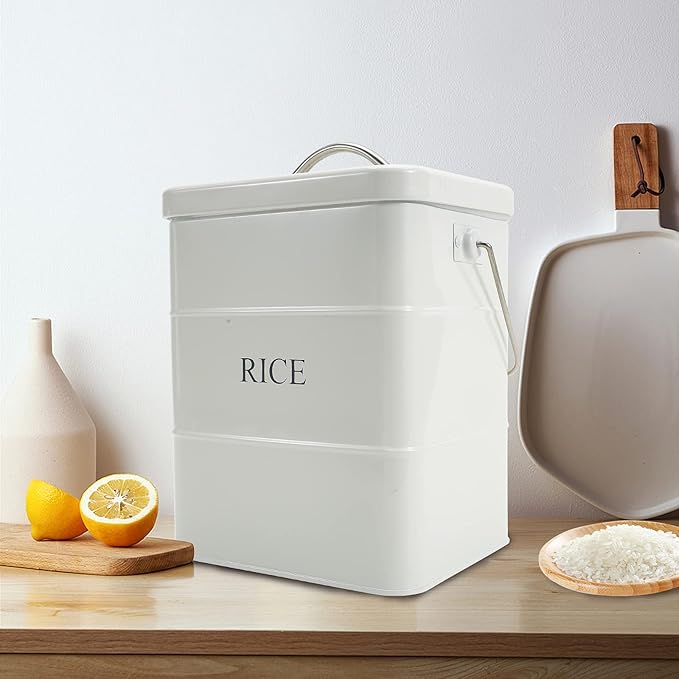 Metal Rice Storage Box, Square Rice Container with Lid and handle, Sealed Food Storage Bin for Kitchen, Countertop Organizer Jar for Rice Flour Soybean Grain Cereal-White