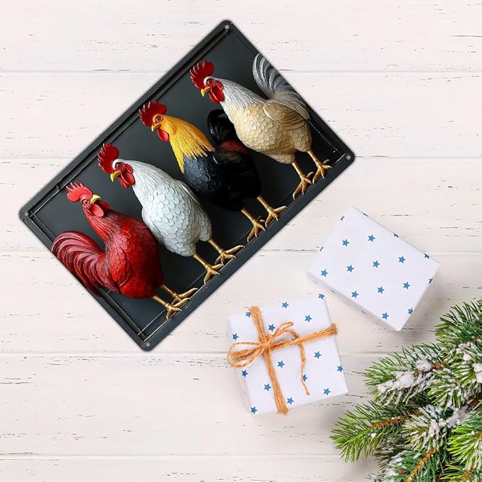 FunnySign Chicken Gifts Rooster Décor Four Rooster Not 3D Rustic Tin Sign for Home Farm Chicken Coop Decor 8x12 Inch (9704)