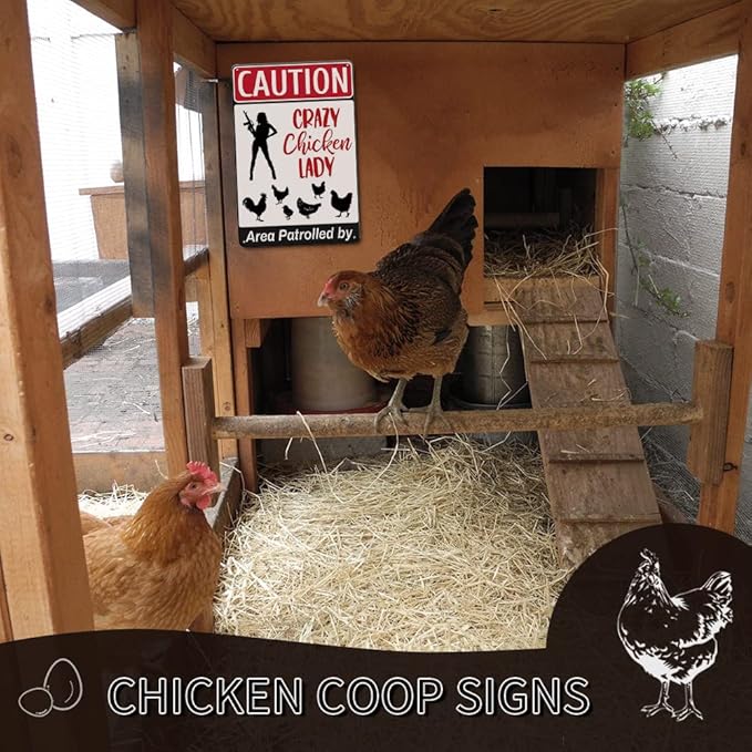 YOYI ART Funny Chicken Coop Sign - Area Patrolled by Crazy Chicken Lady, Metal Vintage Caution Sign for Farm Fence Decor, 8 x 12 inch