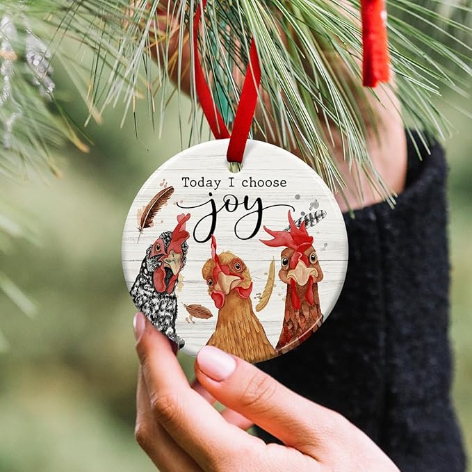 Chicken Christmas Hanging Ornaments, Rooster Gifts for Farmer, Girl, Women & Chicken Lovers, Farmhouse Christmas Decorations - 'Today I Choose Joy' Gift to Decor Chicken Coop