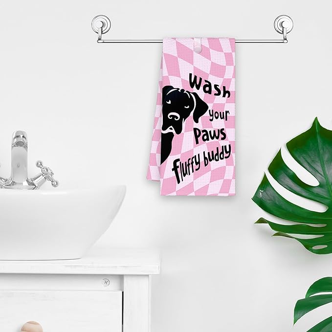 Pink Cute Dog Labrador Bathroom Kitchen Towels, Checkered Wash Your Paws Hand Towel for Bathroom, Funny Gifts for Dog Lovers, Trendy Preppy Dish Towels Decor for Dorm Girly Room 16x24in