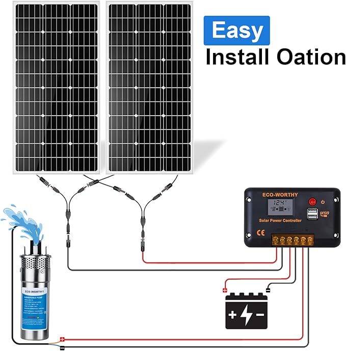 ECO-WORTHY 12V DC Solar Well Pump Kit – 200W Solar Panel Included, Submersible Water Pump, Portable Well Pump for Off-Grid Areas, Deep Wells, Irrigation, Water Tank Filling
