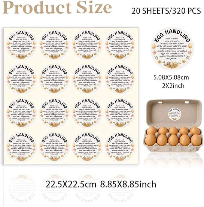 320 Pcs Farm Fresh Eggs Carton Labels, 2 Inch Round Eggs Handling Stickers Self-Adhesive Egg Packaging Stickers for Chicken Egg Box Container Farm Supplies