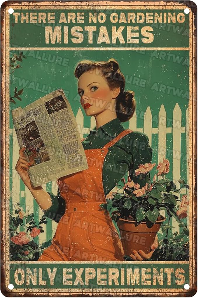 Gardening Girl Metal Tin Sign Rustic Wall Decor Vintage Botanical Art There Are No Gardening Mistakes Only Experiments Quote 8x12inch