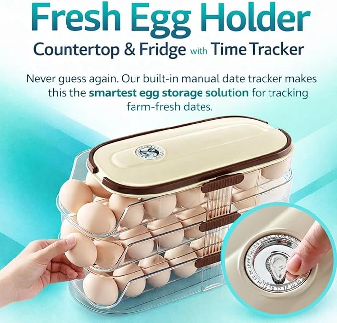 3-Tier Egg Dispenser for Refrigerator, Rolling Egg Organizer with Time Tracker, Stackable BPA-Free Egg Container Holds 42 Eggs, Fresh Egg Holder for Countertop Storage