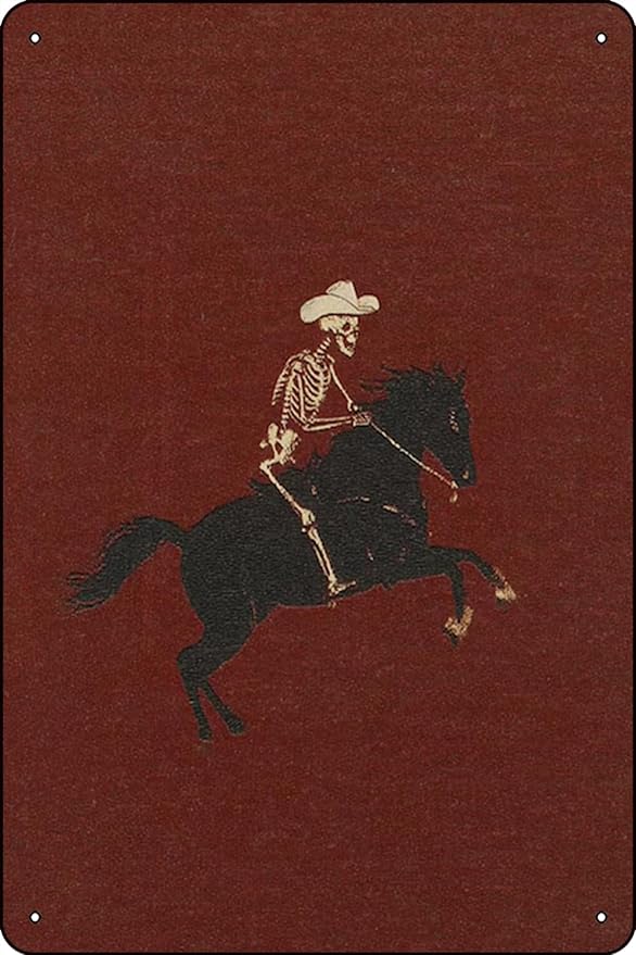 Skeleton Cowboy Illustration Bucking Bronco Gothic Wall Decor Horse Poster Quirky Western Poster Retro Rodeo Cowgirl Wall Art - 8 x 12 inches Vintage Metal Sign