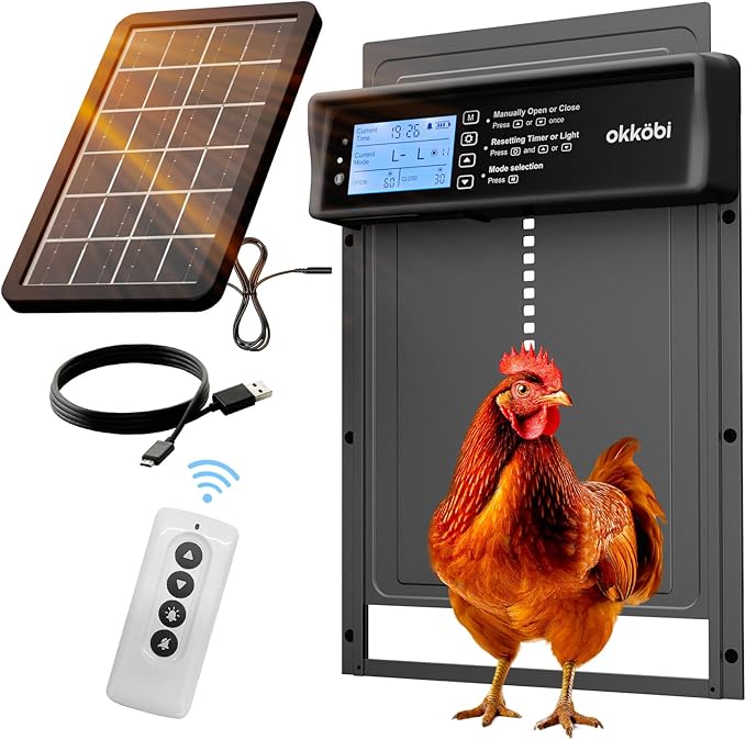 Okkobi Automatic Chicken Coop Door Solar Powered - LCD Display - Chicken Coop Door with Remote Control, Light Sensor & Timer - Security & Peace of Mind: Anti-Pinch Function - 5-Year Protection - Grey