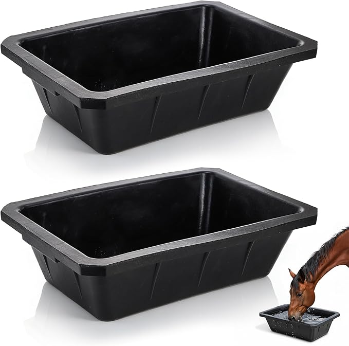 2 Pack Rubber Feeder Pan, 10 Quart Large Horse Trough Feeder Bucket, Heavy Duty 2.5 Gallon Chicken Dust Bath Tub Water Bowl for Pig Goat Dog Cat Farm Livestock Animal Feeding, Rectangular