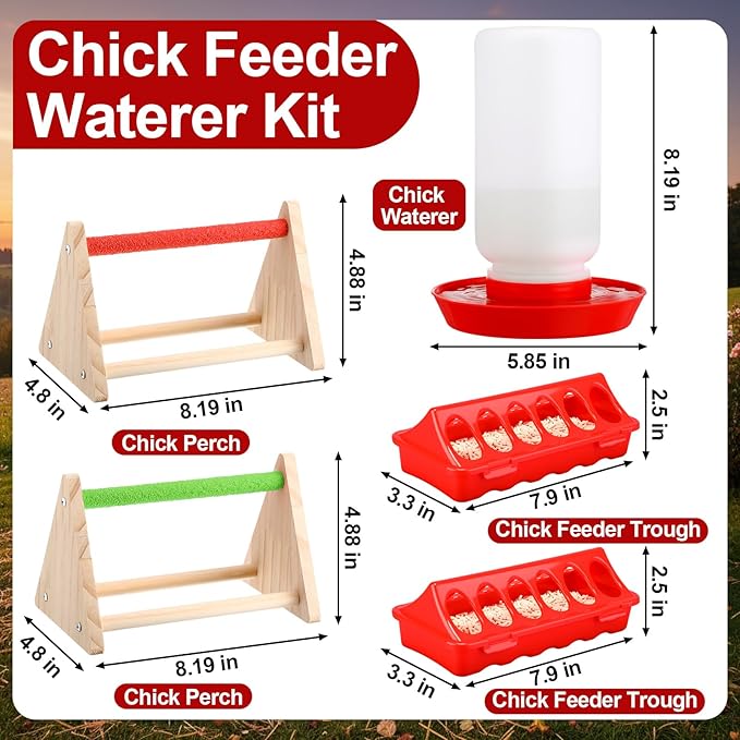 Retisee 400w Large Hanging Chicken Coop Heater Lamp Carbon Fiber Chicks Brooder Heater 5pcs Chick Feeder and Waterer Kit with Wooden Perch for Poultry Chicks Ducks Quail Pigeons Birds