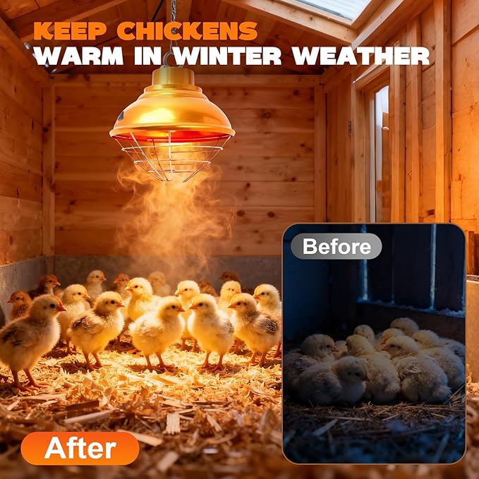 Chicken Heat Lamp 350W,Chicken Coop Heater with Carbon Fiber Bulb,Winter Hanging Heat Lamp for Chickens Brooder,Two-Temperature Adjustable (175/350W) for Puppy,Kitten and Poultry