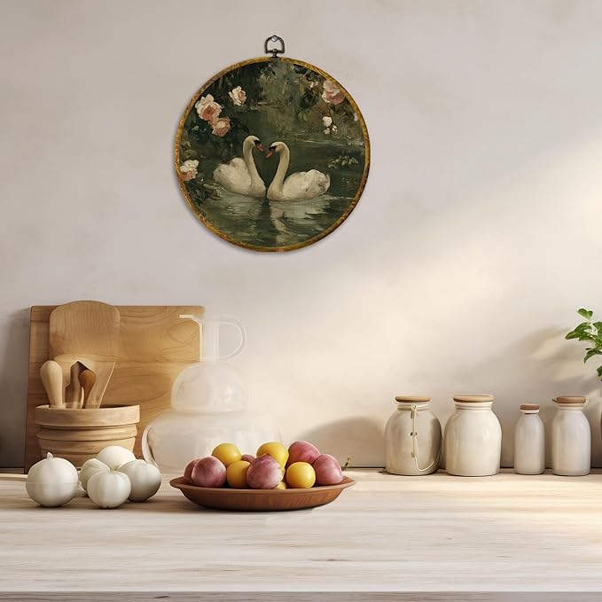 CUANFDDSF Vintage Floral Swan Round Wall Art, Classical Romantic White Swan Framed Hanging Wall Decor, Cottagecore Elegant Animal Canvas Prints Decorations for Home Bedroom Living Room, 10x10 Inch