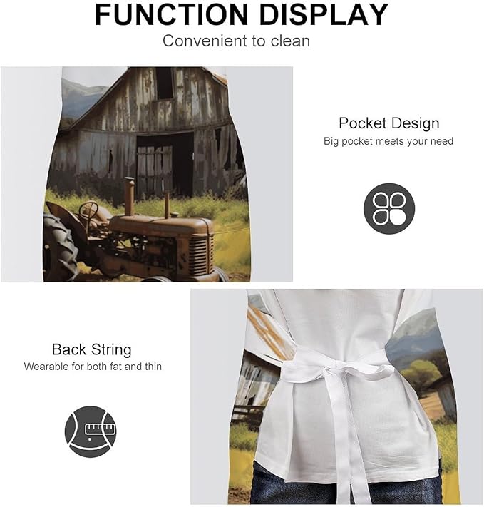 Old Wooden Barn with Rusted Tractor Cooking Aprons for Women Men Waterproof Bib Apron with Pockets Adjustable Kitchen Chef Apron