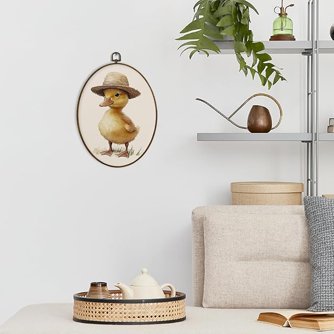 dvhdajed Vintage Funny Duck Oval Wall Art Decor,Neutral Nursery Mallard Duck Framed Canvas Art,Country Farmhouse Ducks Oval Wall Hanging Decor for Nursery Living Room Kitchen Bedroom，8.7x11.3 Inch