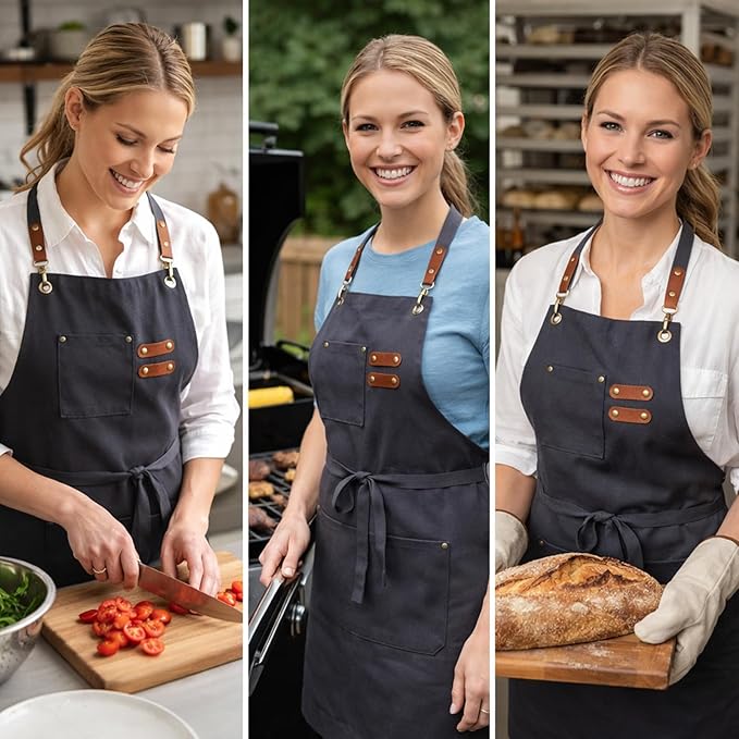Chef Aprons for Men Canvas Apron with Large Pockets and Adjustable Neck Strap for Cooking,BBQ, Gardening